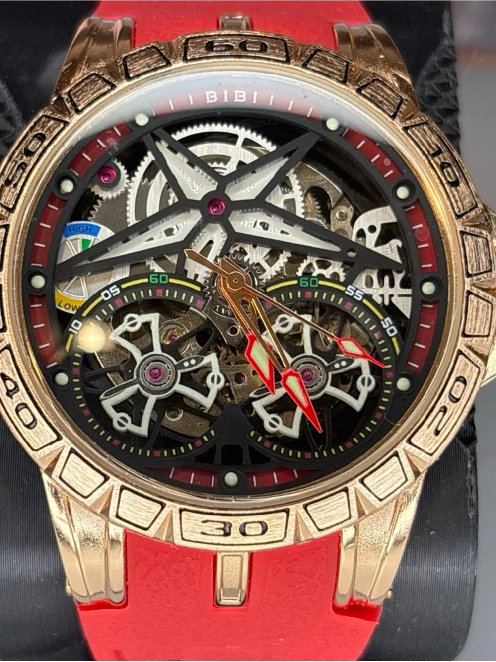 Skeleton Automatic Dial Sport Watch with Red Silicone Strap